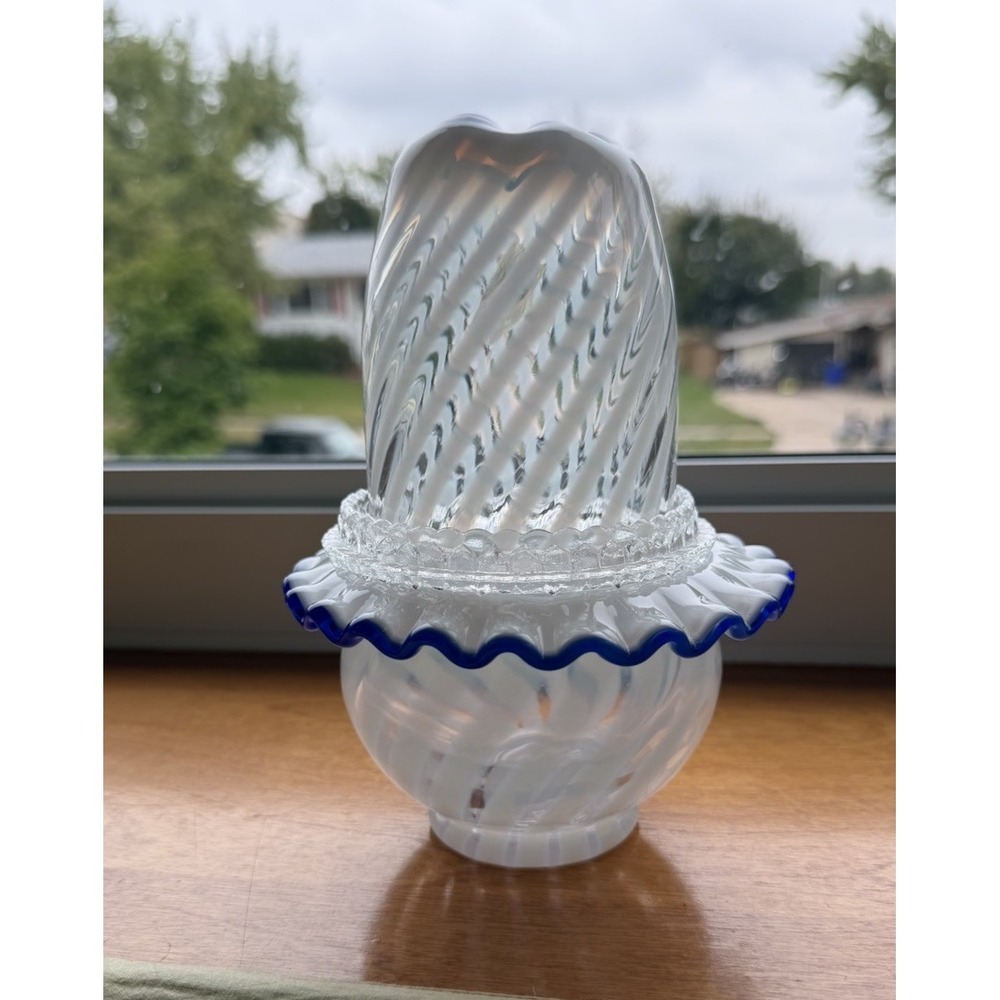 Gorgeous Fenton 2604 Blue Ridge Fairy Lamp 80th Anniversary Spiral Optic 3 Piece